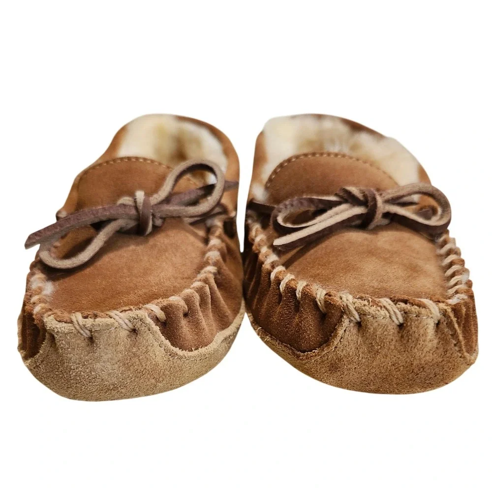 LL Bean Wicked Good Moccasins Kids Size 12 Brown Shearling Lined Suede Slippers